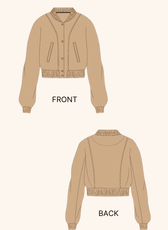 Technical illustration of the 'Raya' bomber jacket sewing pattern, showing front and back views with ribbed details and structured seams.