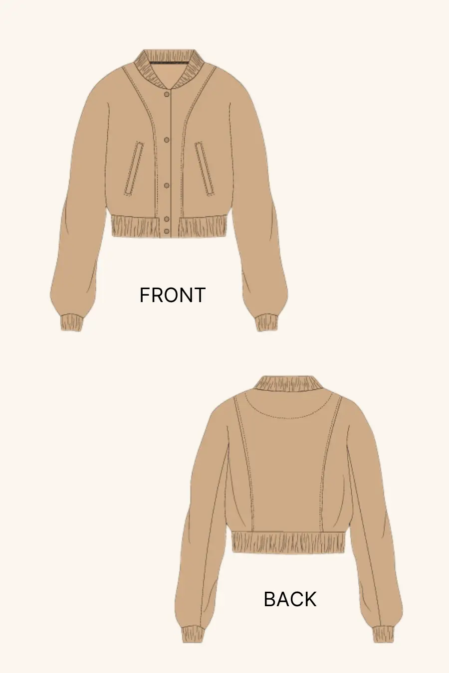 Technical illustration of the 'Raya' bomber jacket sewing pattern, showing front and back views with ribbed details and structured seams.