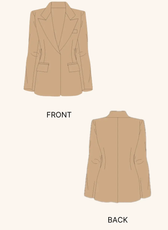 Technical illustration of the Monroe blazer sewing pattern, showing front and back views with detailed design elements. Perfect for crafting a tailored blazer.