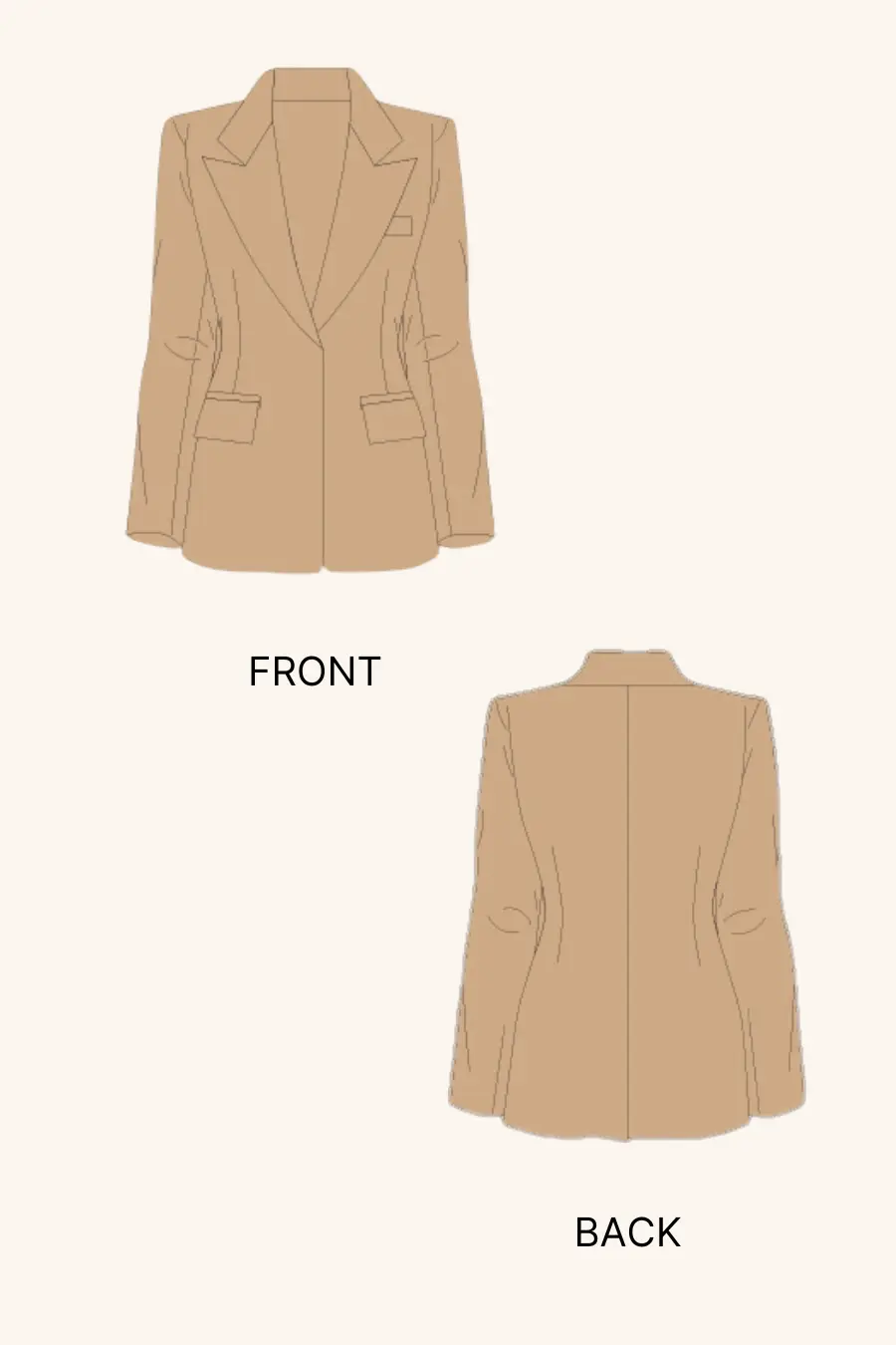 Technical illustration of the Monroe blazer sewing pattern, showing front and back views with detailed design elements. Perfect for crafting a tailored blazer.