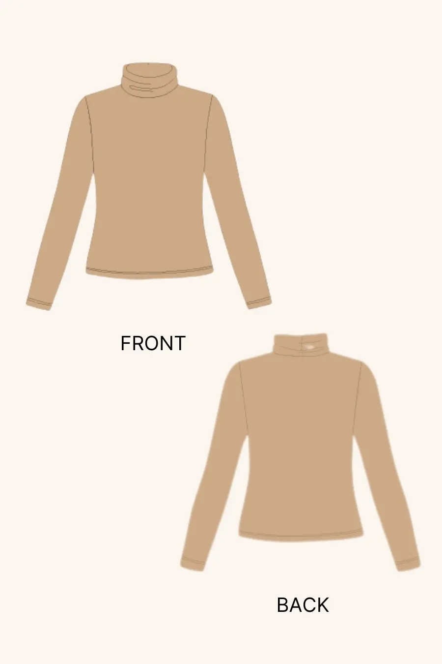 Technical illustration of the 'Diana' turtleneck T-shirt sewing pattern, displaying front and back views. A simple yet elegant design.