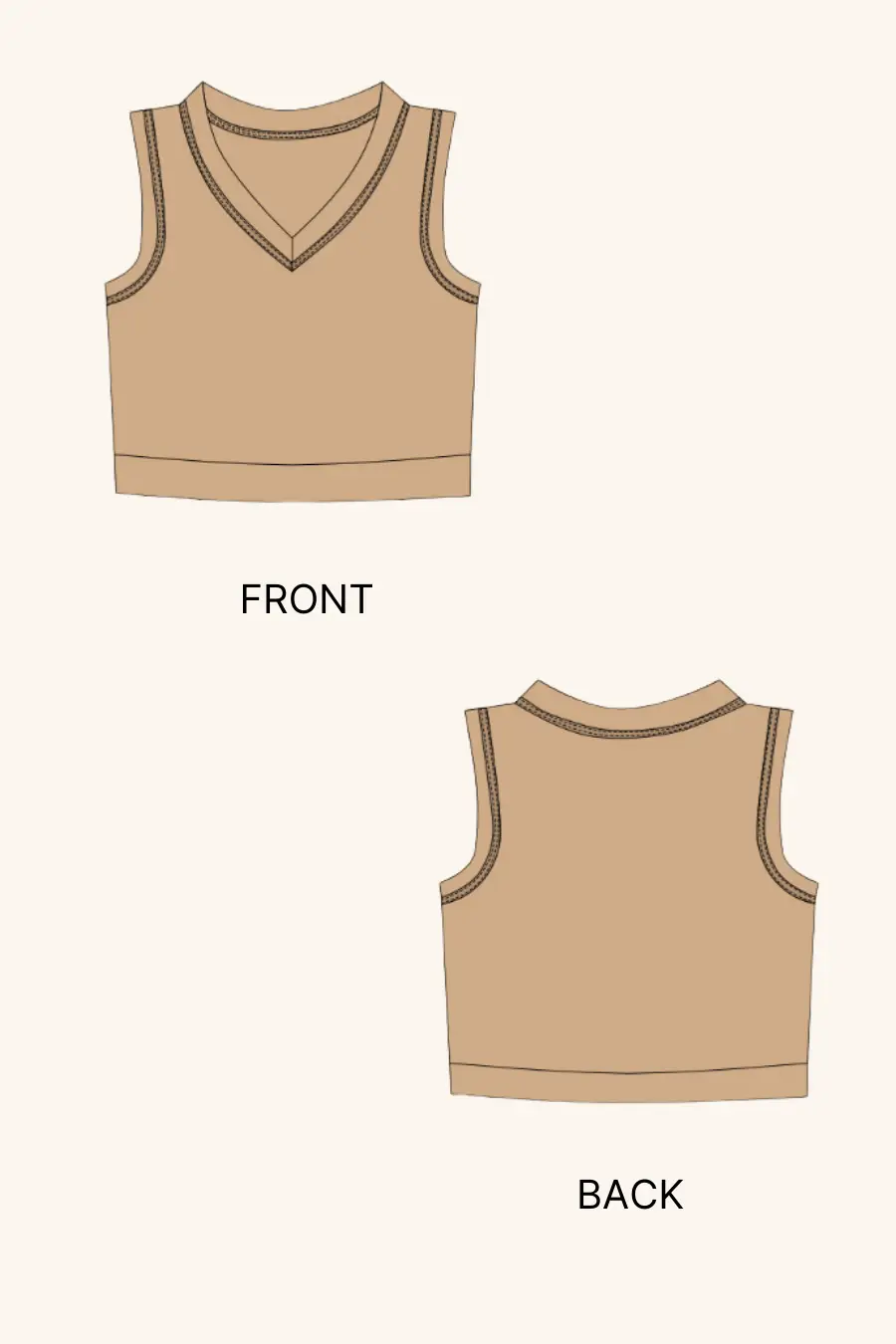 Technical illustration of the 'Nadine' sweater vest sewing pattern, showing front and back views. A detailed guide for crafting a stylish V-neck vest.