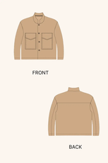 Technical illustration of the 'Noelle' short jacket sewing pattern, showing front and back views with pocket and button details.