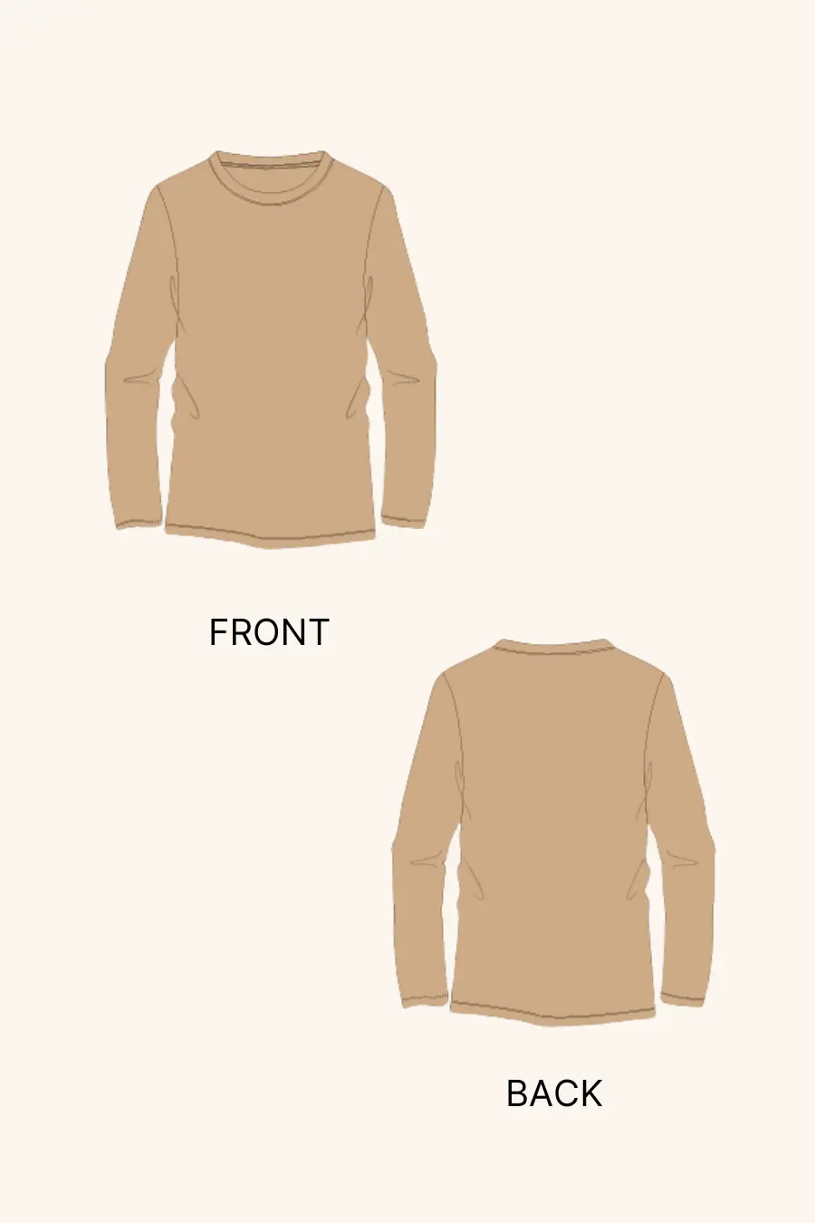 Illustration of the 'Maddy' men's long sleeve T-shirt sewing pattern. Shows front and back views of the design with a classic crew neckline.