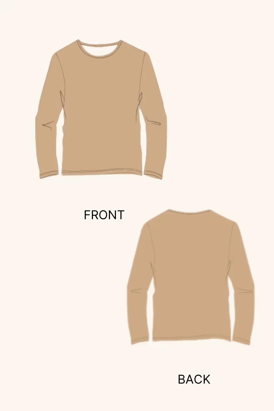 Illustration of the 'Misha' long sleeve t-shirt sewing pattern, showing front and back views. A beginner-friendly digital pattern for DIY fashion.