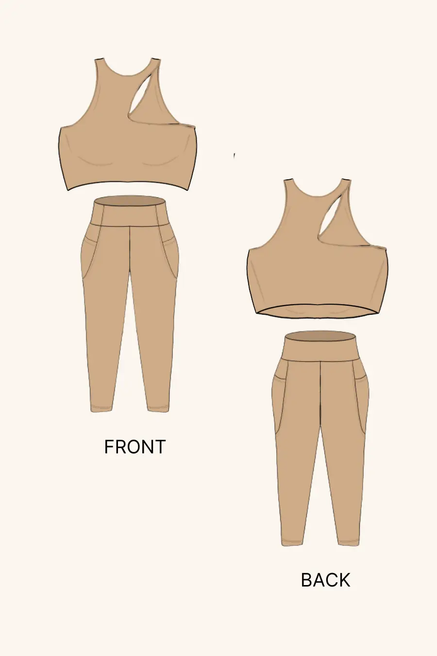 Technical illustration of the 'Layla' activewear coord set, showing front and back views of the sports bra and leggings. Digital sewing pattern available.