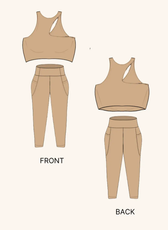 Technical illustration of the 'Layla' activewear coord set, showing front and back views of the sports bra and leggings. Digital sewing pattern available.