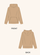 Technical illustration of the 'Atlas' men's hoodie sewing pattern. Shows front and back views with a kangaroo pocket, ribbed cuffs, and a hood.