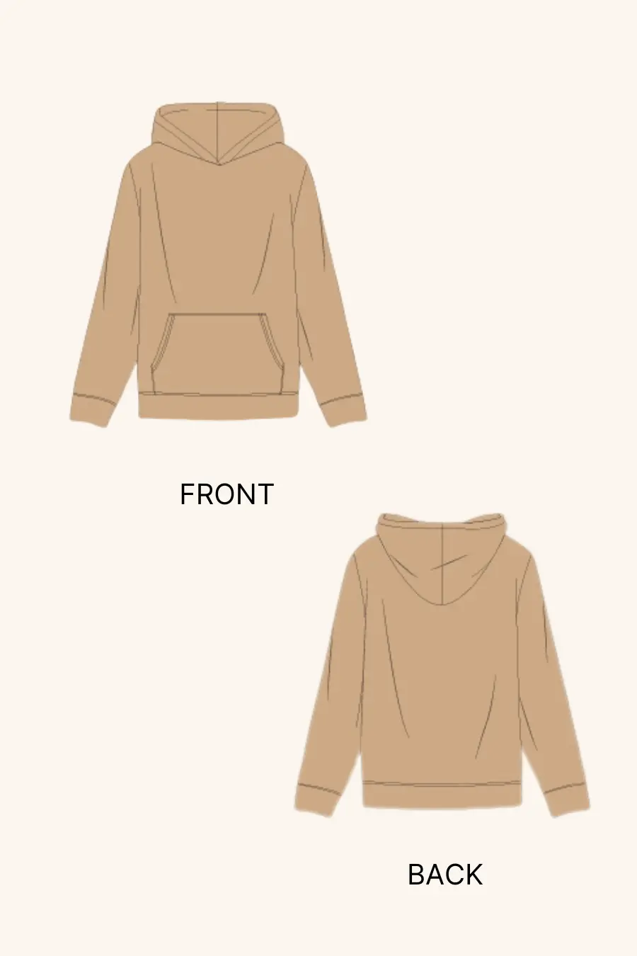 Technical illustration of the 'Atlas' men's hoodie sewing pattern. Shows front and back views with a kangaroo pocket, ribbed cuffs, and a hood.