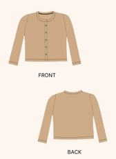 Technical illustration of the 'Liza' cardigan sewing pattern, featuring front and back views. A digital PDF pattern for crafting a stylish button-up cardigan.