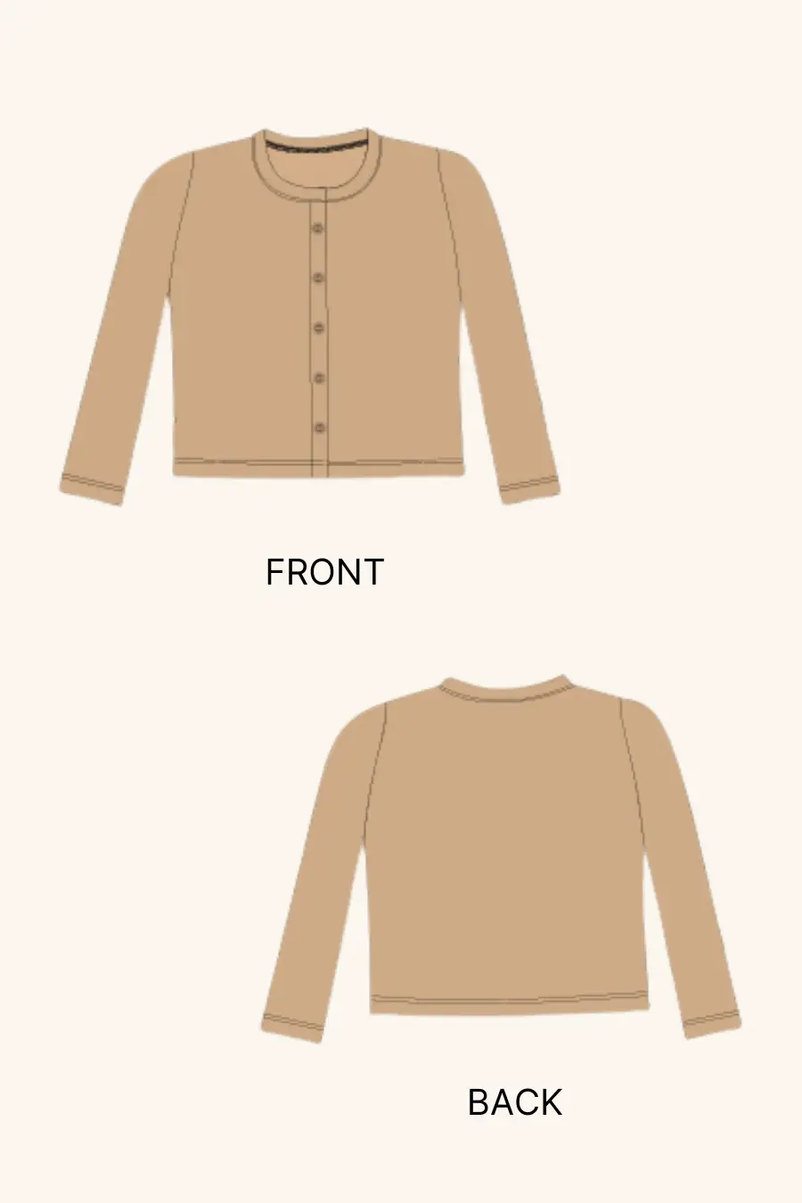 Technical illustration of the 'Liza' cardigan sewing pattern, featuring front and back views. A digital PDF pattern for crafting a stylish button-up cardigan.