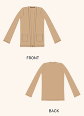 Technical illustration of the 'Nora' long cardigan sewing pattern, showing front and back views. Includes pocket details and a clean, open-front design.