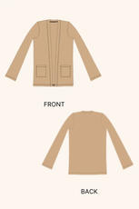 Technical illustration of the 'Nora' long cardigan sewing pattern, showing front and back views. Includes pocket details and a clean, open-front design.