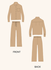 Technical illustration of the 'Arbor' men's pajama set sewing pattern. Front and back views of the button-up shirt and drawstring pants.