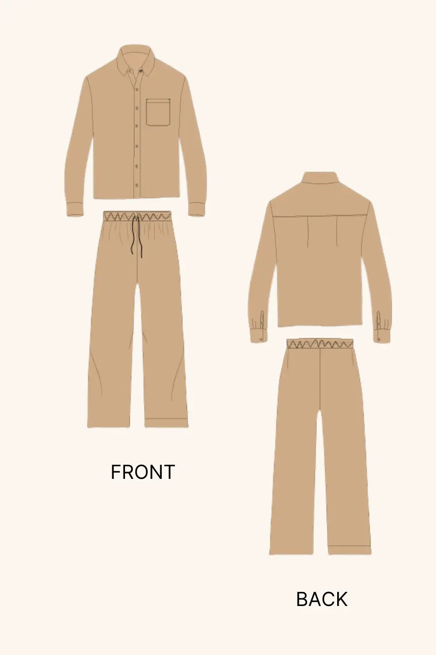 Technical illustration of the 'Arbor' men's pajama set sewing pattern. Front and back views of the button-up shirt and drawstring pants.