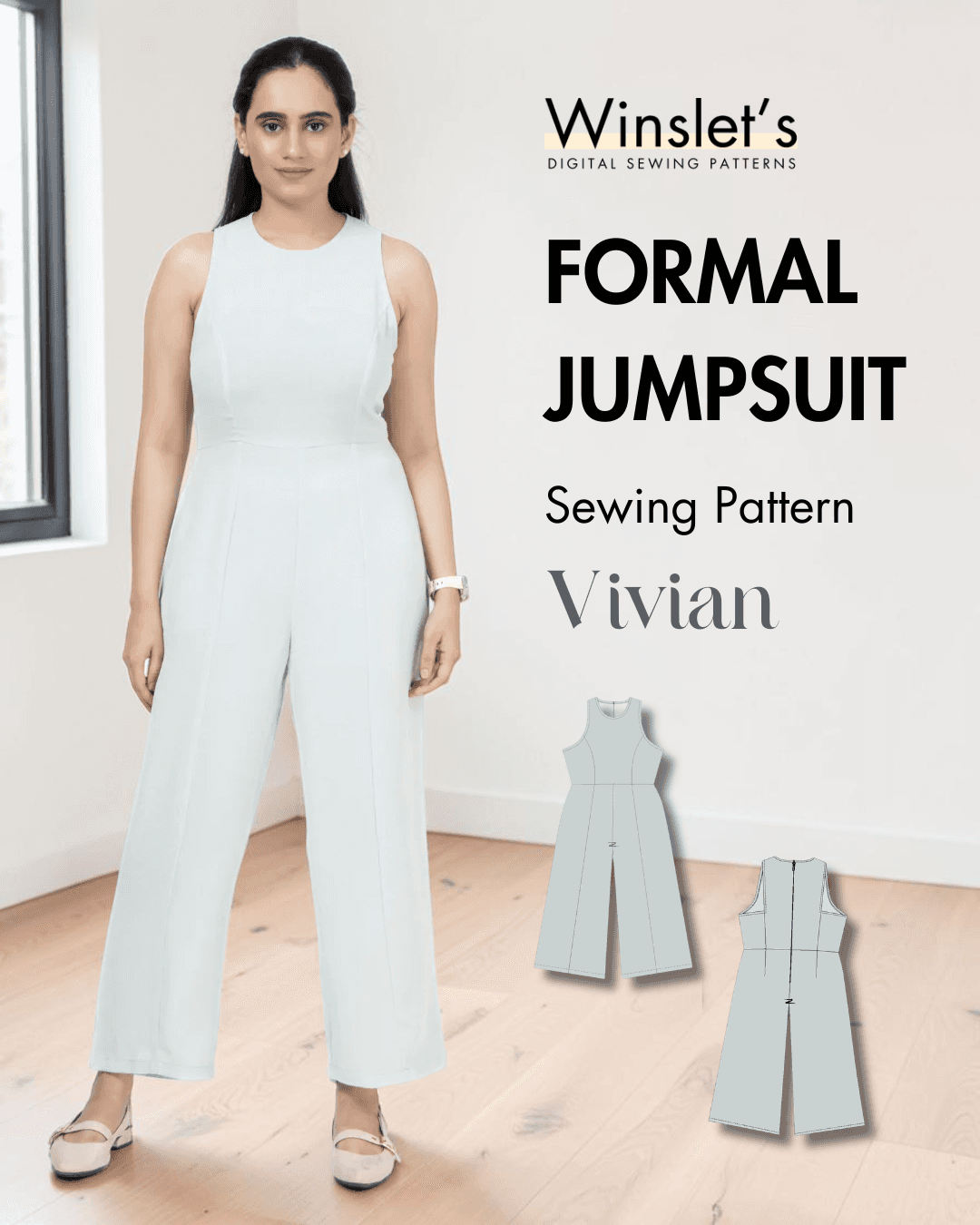 Women's formal jumpsuit sewing pattern 'Vivian' with sleeveless design and wide-leg style