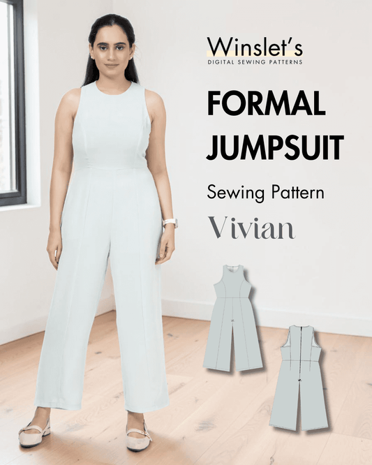 Women's formal jumpsuit sewing pattern 'Vivian' with sleeveless design and wide-leg style