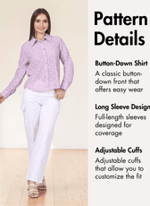 Pattern details for 'Aspen' sewing pattern, including button-down shirt with long sleeves, adjustable cuffs, and layered PDF instructions