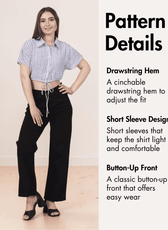 Pattern details of drawstring hem crop shirt with short sleeves and button-up front