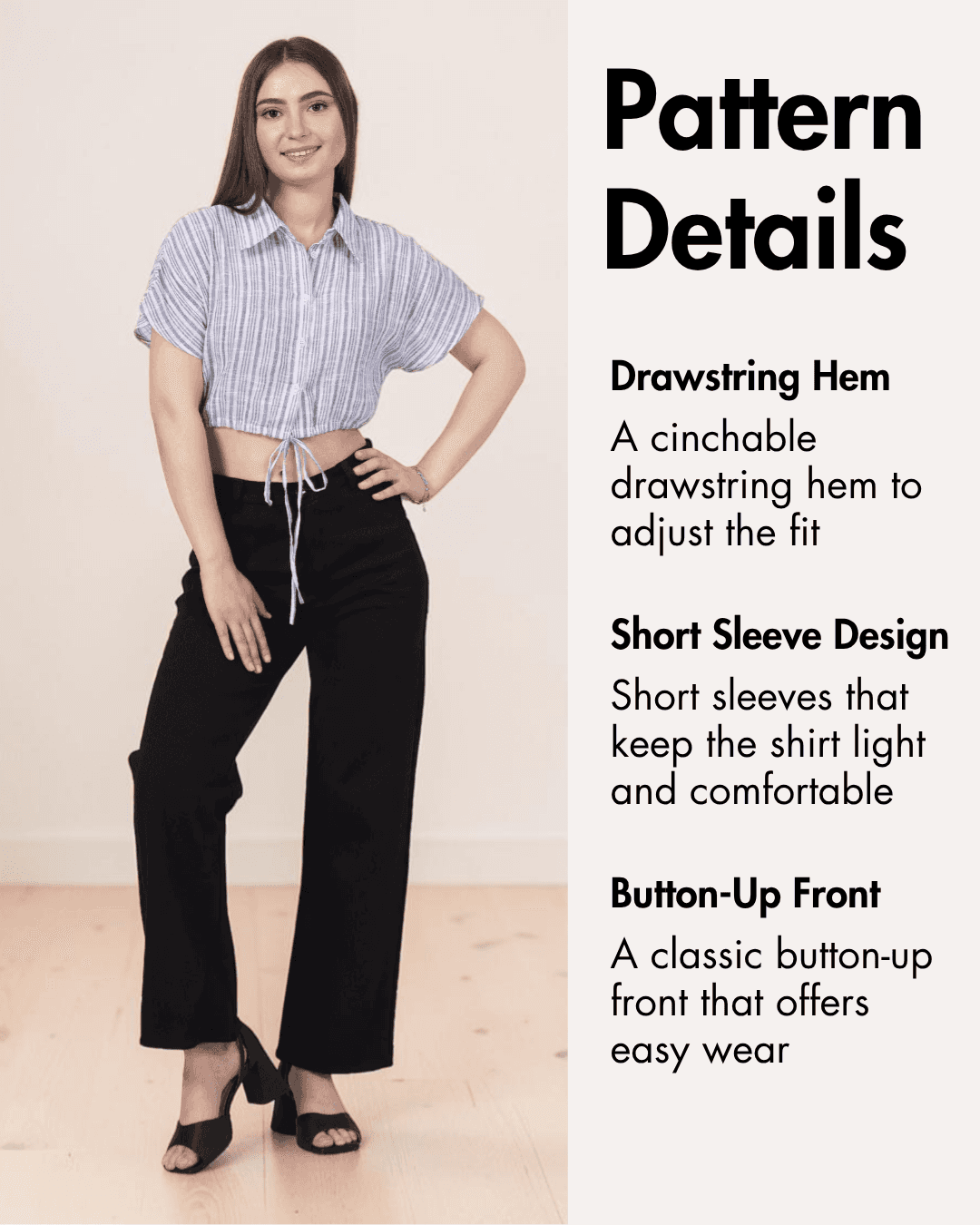 Pattern details of drawstring hem crop shirt with short sleeves and button-up front
