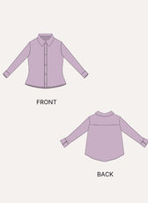 Lilac sewing pattern for women's collared shirt with long sleeves and buttoned cuffs, front and back views