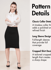 Pattern details for classic collar, long sleeves, and cropped shirt design