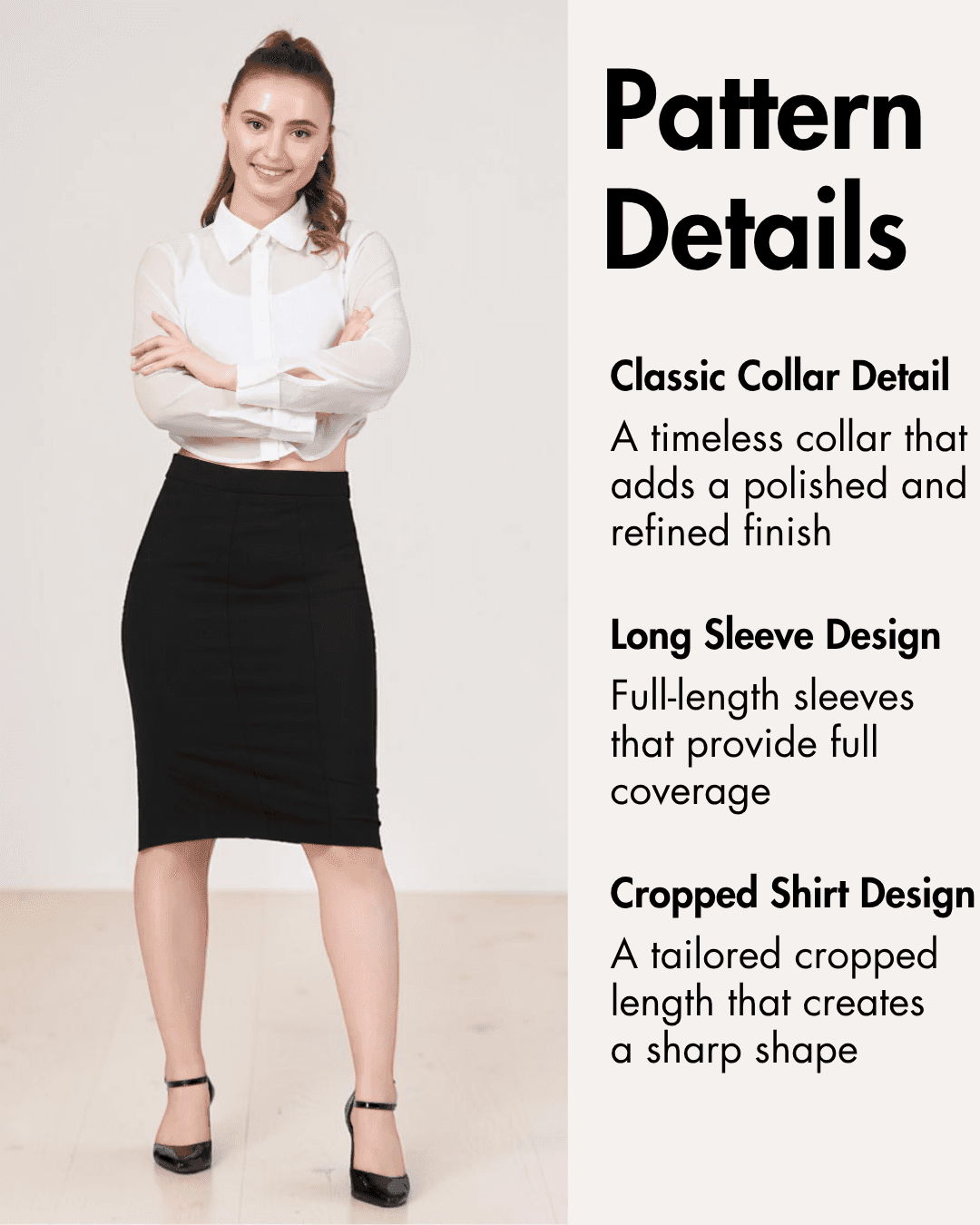 Pattern details for classic collar, long sleeves, and cropped shirt design