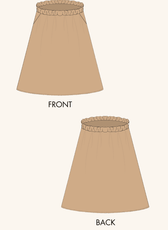 Technical illustration of the 'Zinnia' gathered skirt sewing pattern, displaying front and back views with an elastic waistband and flowing shape.