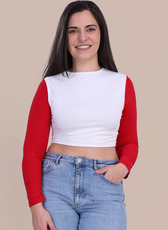 Close-up of Stella Long Sleeve Crop Top in white with red sleeves. A stylish and easy-to-sew pattern, perfect for casual and trendy outfits.