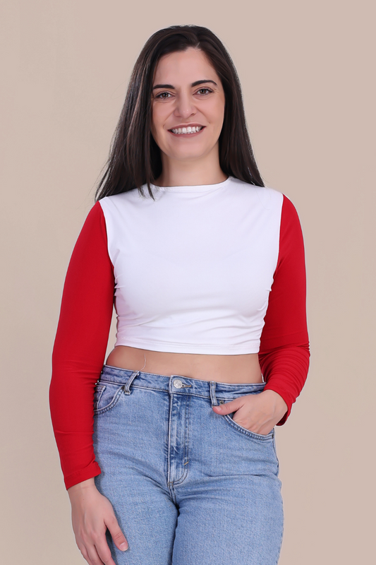 Close-up of Stella Long Sleeve Crop Top in white with red sleeves. A stylish and easy-to-sew pattern, perfect for casual and trendy outfits.