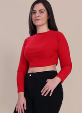 Stella Long Sleeve Crop Top in solid red. A versatile and beginner-friendly sewing pattern for a snug and stylish fit.