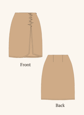 Technical illustration of the 'Dahlia' side slit midi skirt sewing pattern, showing front and back views. Includes ruched detailing and a high slit.