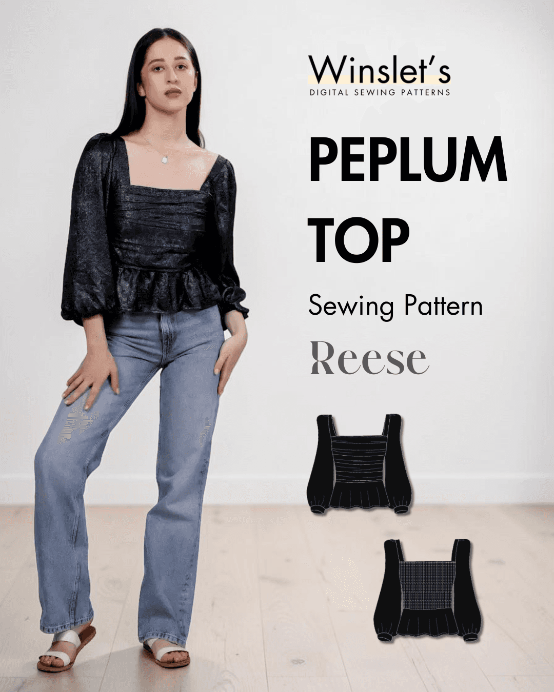 Women's black peplum top sewing pattern with square neckline and puff long sleeves