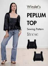 Women's black peplum top sewing pattern with square neckline and puff long sleeves
