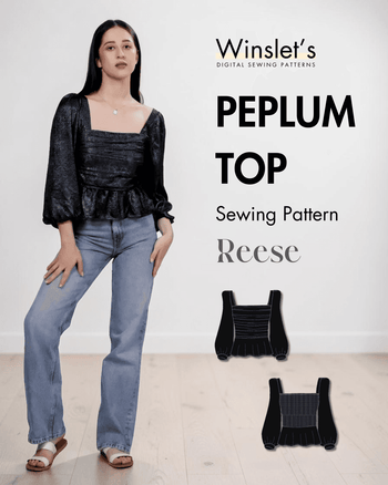 Women's black peplum top sewing pattern with square neckline and puff long sleeves