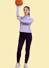 Model in motion wearing the Venus sports jacket, showing its stretch fabric and thumbhole cuffs for enhanced performance and comfort.