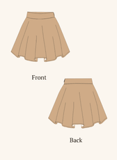 Technical illustration of the 'Poppy' skater skirt sewing pattern. Displays front and back views of the flared mini skirt design.