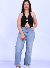 Full-body view of the 'Winx' Halter Neck Top paired with jeans. A versatile and trendy sewing pattern for creating a fashionable halter crop top.