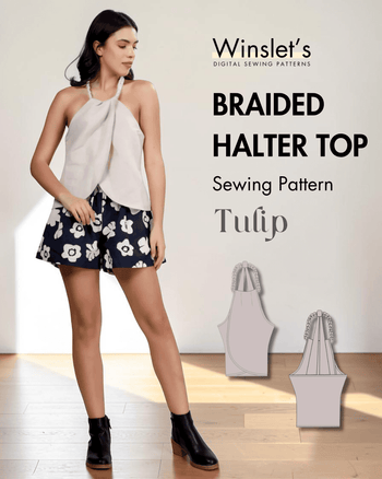 Women's braided halter top sewing pattern with draped crossover front