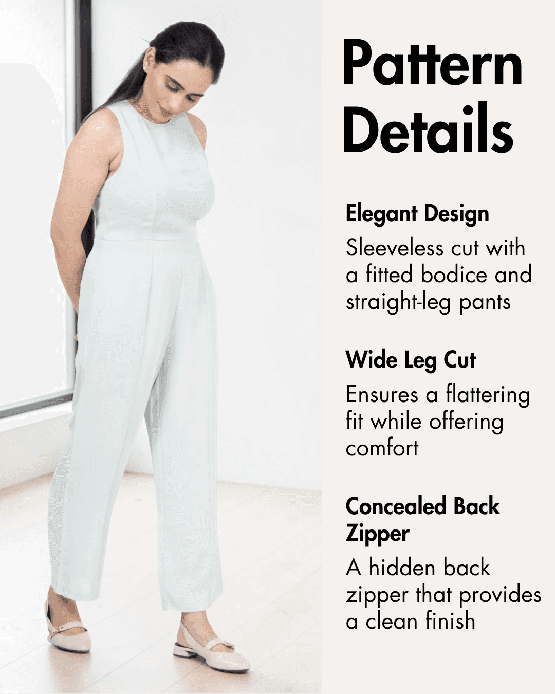 Women's white sleeveless jumpsuit with wide legs and concealed back zipper