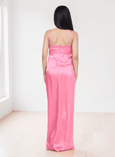 Pink satin slip dress with ruched detail and open back, back view