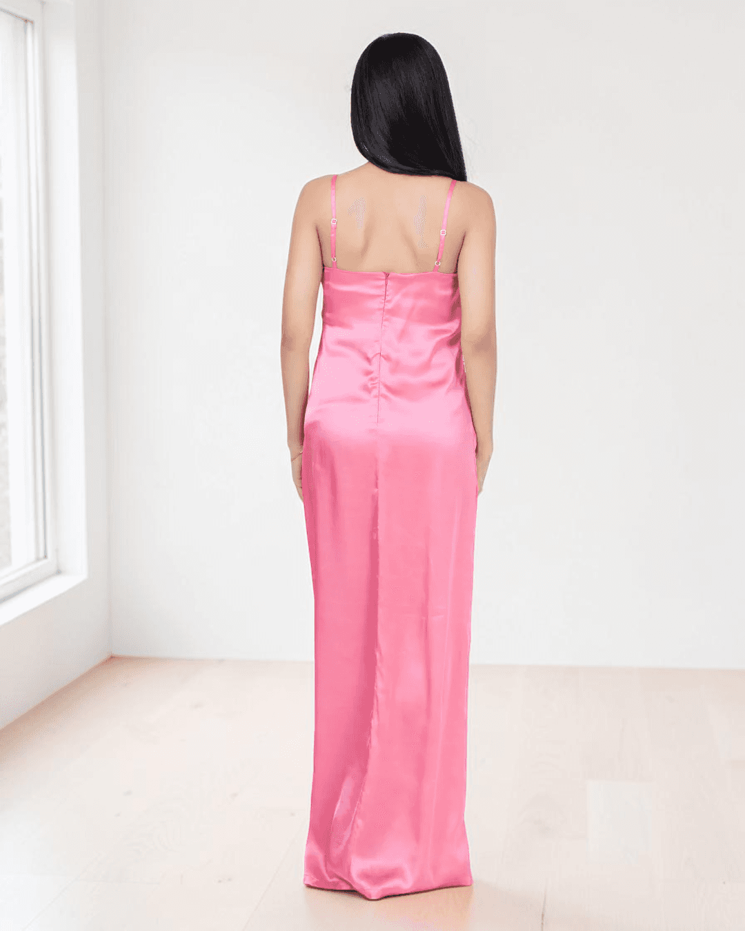Pink satin slip dress with ruched detail and open back, back view