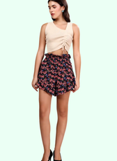 Model wearing ruffle hem shorts with a smocked waistband and floral print. A feminine and flirty design for casual outings.