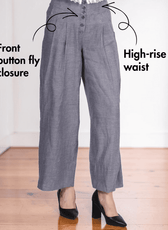 Gray high-rise pleated trousers with front button fly and side pockets