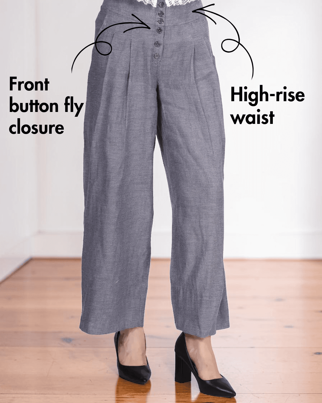 Gray high-rise pleated trousers with front button fly and side pockets