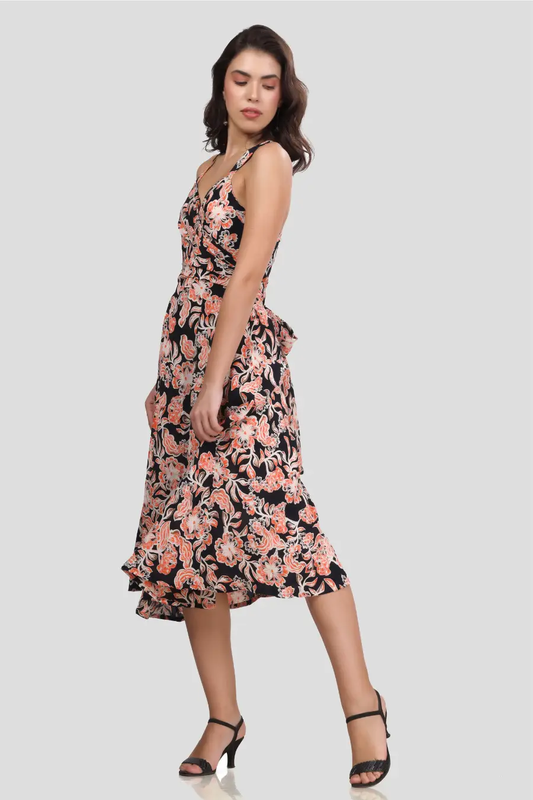 Side view of the 'Camellia' wrap dress with a fitted bodice and flared midi skirt. The sleeveless design and floral print enhance its elegant appeal.