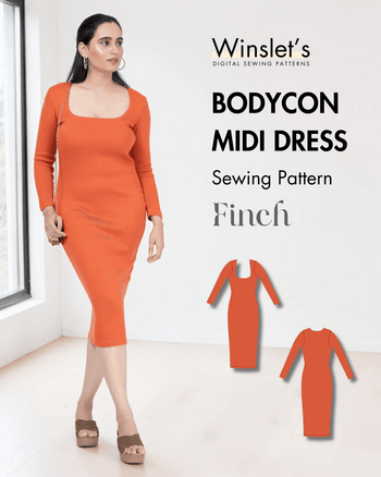 Orange bodycon midi dress sewing pattern with square neckline and long sleeves