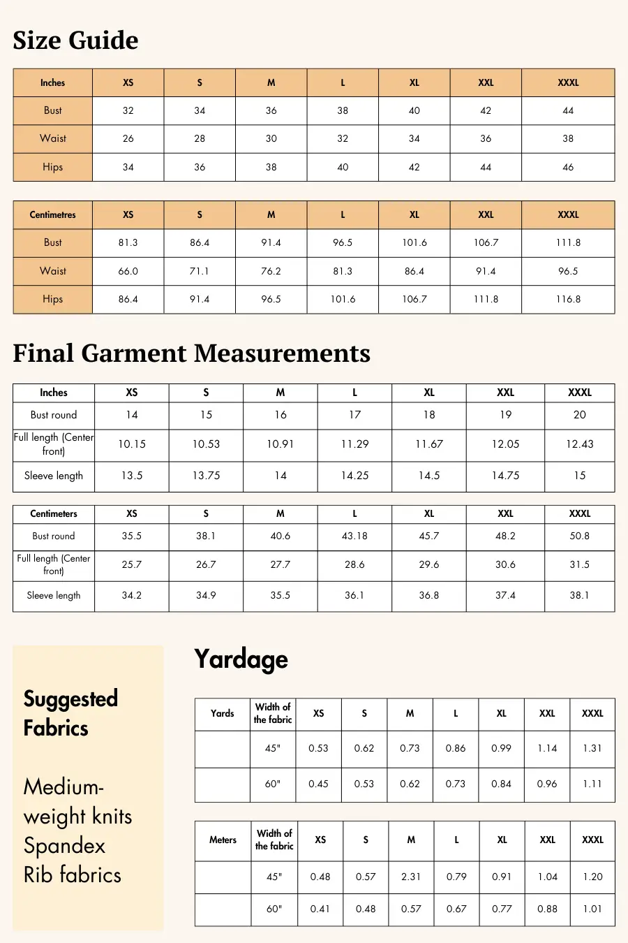 Size and fabric guide for off shoulder top sewing pattern by Winslet's 