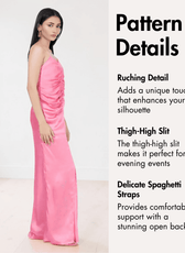 Pattern details for women's maxi slip dress with spaghetti straps and thigh-high slit