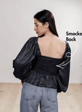 Women's black peplum top sewing pattern with square neckline and puff long sleeves, back view